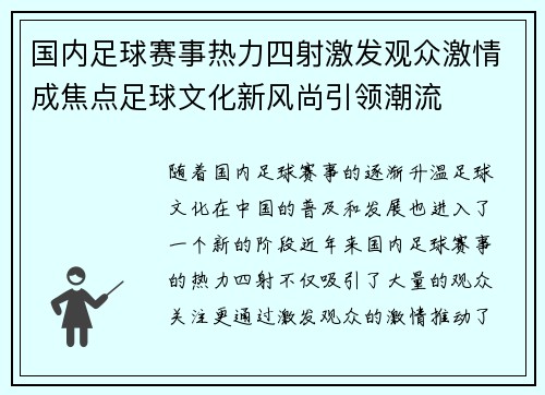 国内足球赛事热力四射激发观众激情成焦点足球文化新风尚引领潮流
