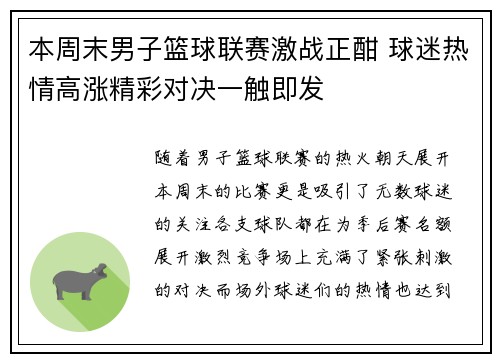本周末男子篮球联赛激战正酣 球迷热情高涨精彩对决一触即发