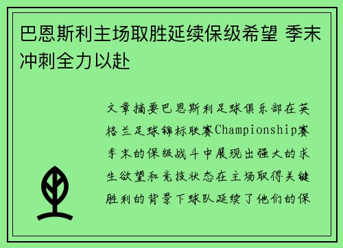巴恩斯利主场取胜延续保级希望 季末冲刺全力以赴