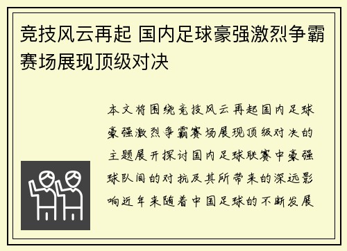 竞技风云再起 国内足球豪强激烈争霸赛场展现顶级对决
