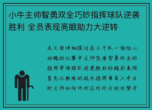 小牛主帅智勇双全巧妙指挥球队逆袭胜利 全员表现亮眼助力大逆转