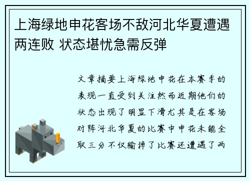 上海绿地申花客场不敌河北华夏遭遇两连败 状态堪忧急需反弹