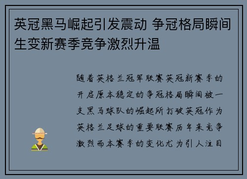 英冠黑马崛起引发震动 争冠格局瞬间生变新赛季竞争激烈升温