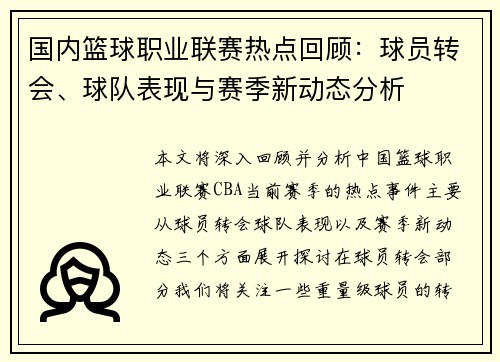 国内篮球职业联赛热点回顾：球员转会、球队表现与赛季新动态分析