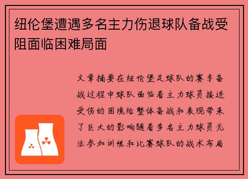纽伦堡遭遇多名主力伤退球队备战受阻面临困难局面