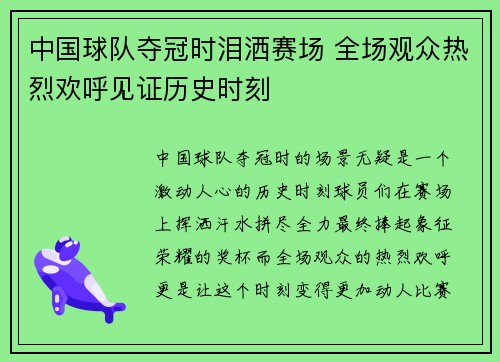 中国球队夺冠时泪洒赛场 全场观众热烈欢呼见证历史时刻