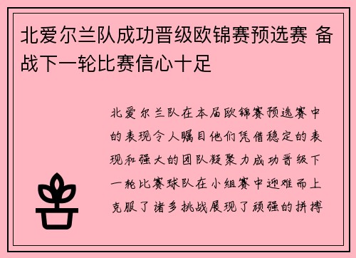 北爱尔兰队成功晋级欧锦赛预选赛 备战下一轮比赛信心十足