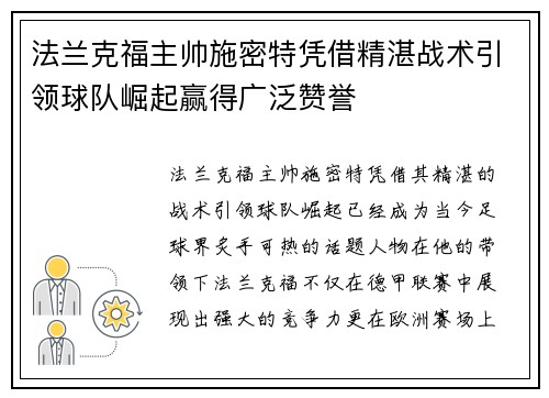 法兰克福主帅施密特凭借精湛战术引领球队崛起赢得广泛赞誉
