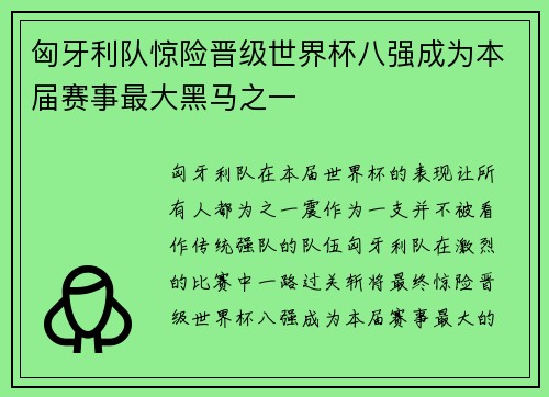 匈牙利队惊险晋级世界杯八强成为本届赛事最大黑马之一