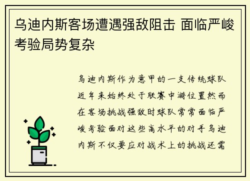 乌迪内斯客场遭遇强敌阻击 面临严峻考验局势复杂